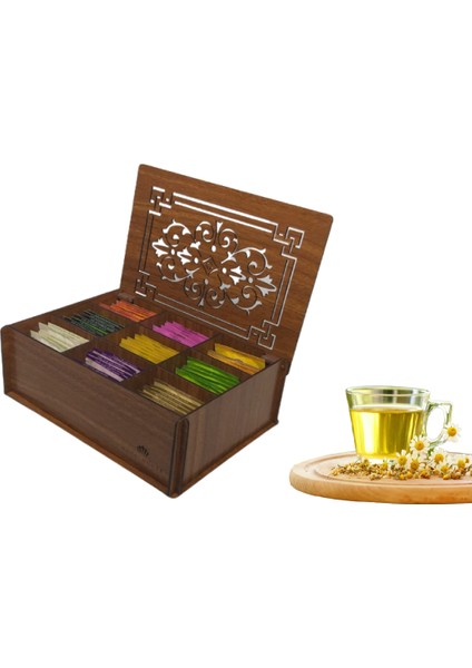 Ahşap (Ceviz) Çay Kutusu 9 Bölmeli Kapaklı Poşet Bitki Çayı Saklama Kabı Tea Box + 45'li Çay