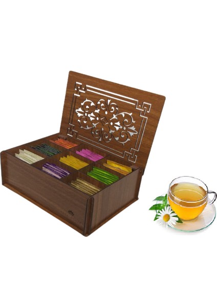 Ahşap (Ceviz) Çay Kutusu 9 Bölmeli Kapaklı Poşet Bitki Çayı Saklama Kabı Tea Box + 45'li Çay