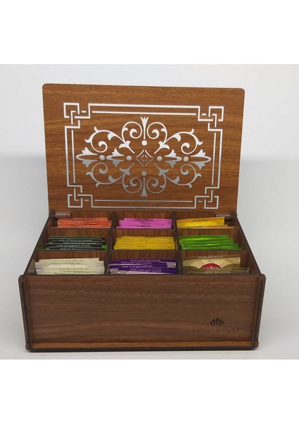 Ahşap (Ceviz) Çay Kutusu 9 Bölmeli Kapaklı Poşet Bitki Çayı Saklama Kabı Tea Box + 45'li Çay