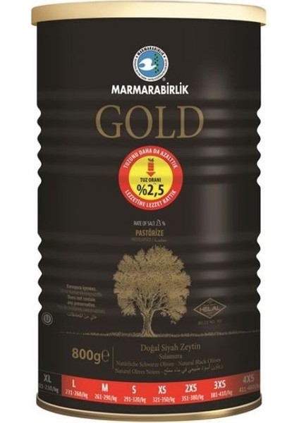 Gold  Az Tuzlu Salamura Mega 201-230 Xl Siyah Zeytin Teneke 800 gr