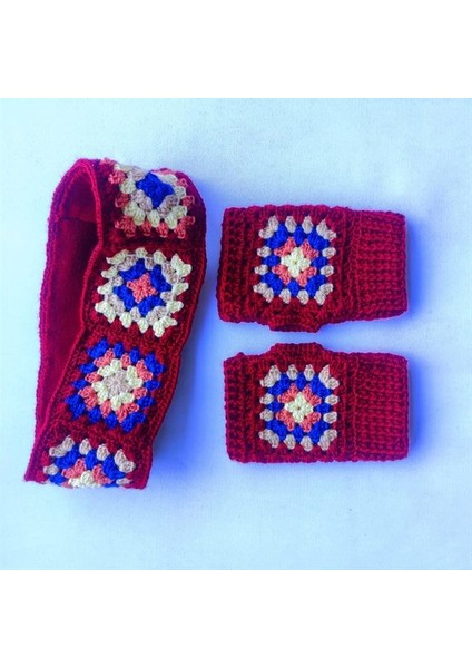 Kadın Otantik El Örgüsü Kulak Isıtıcı ve Yarım Eldiven Bordo Takım
