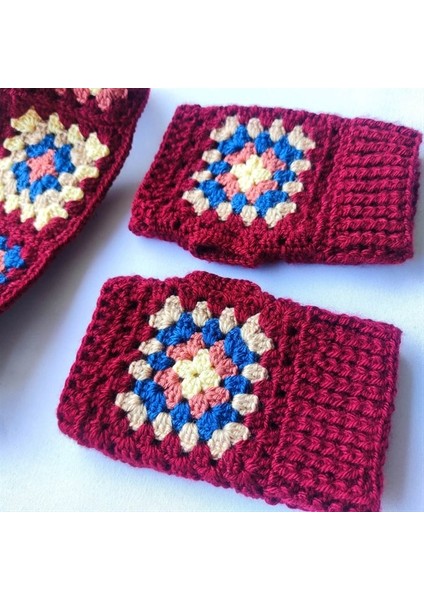 Kadın Otantik El Örgüsü Kulak Isıtıcı ve Yarım Eldiven Bordo Takım modelleri