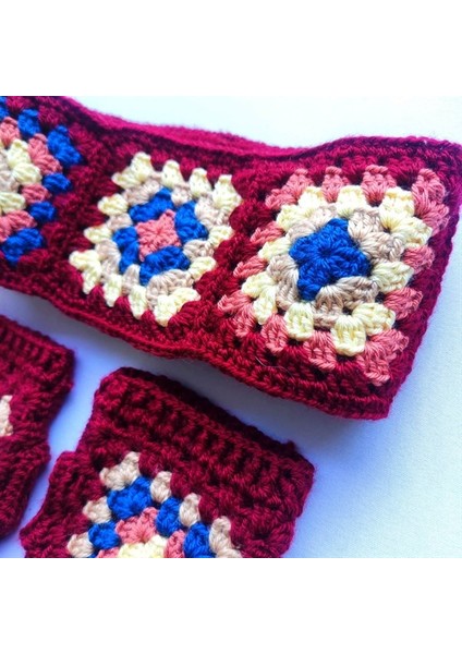 Kadın Otantik El Örgüsü Kulak Isıtıcı ve Yarım Eldiven Bordo Takım fırsatları