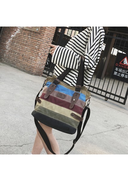 Fashion Smart Omuz Çantası Kanvas Büyük Kapasiteli Çanta Çok Renkli Çizgili Ekose (Yurt Dışından) fiyatları