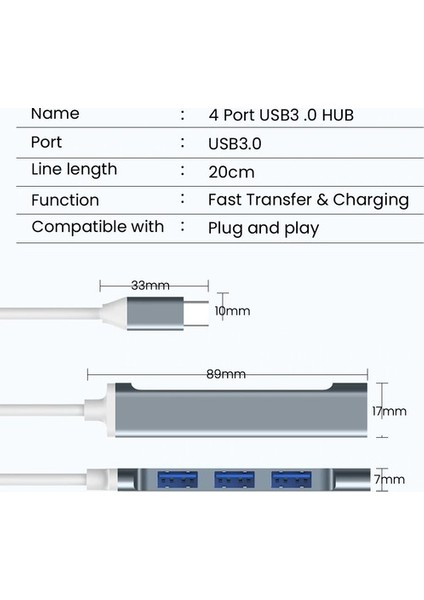 809-CC Macbook Uyumlu Type-C to 4* USB 3.0 Splitter 5 Gbps Çevirici Hub Adaptör