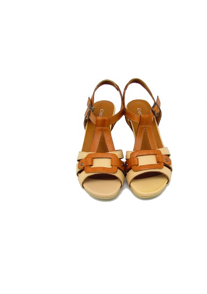 CB45613 Krem-Taba Kadın Dolgu Topuk Kemerli Sandalet indirimleri