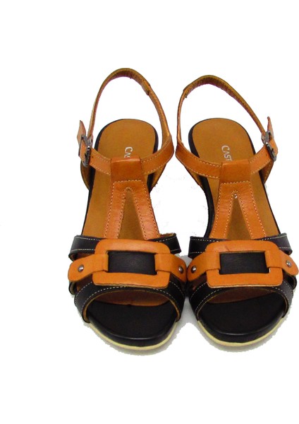 CB45613 Siyah / Taba Kadın Dolgu Topuk Kemerli Sandalet indirimleri