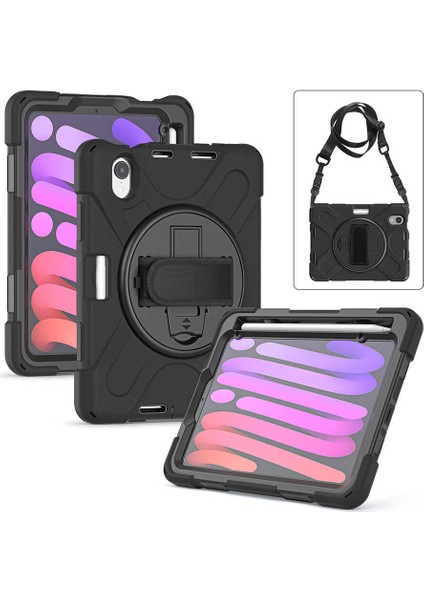 Apple iPad Mini 6. Nesil (2021) Defender Shoulder Strap Askılı Kılıf (A2567-A2568-A2569) Siyah