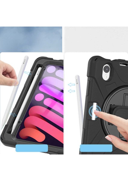 Apple iPad Mini 6. Nesil (2021) Defender Shoulder Strap Askılı Kılıf (A2567-A2568-A2569) Siyah