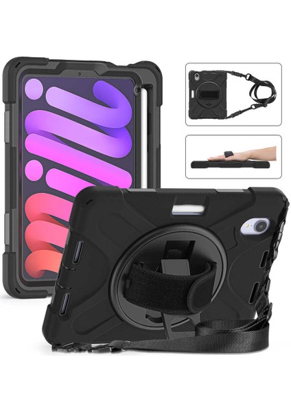 Apple iPad Mini 6. Nesil (2021) Defender Shoulder Strap Askılı Kılıf (A2567-A2568-A2569) Siyah