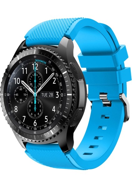Samsung Gear Watch 46MM Uyumlu Klasik Çizgi Desenli 22MM Silikon Kordon Açık Mavi