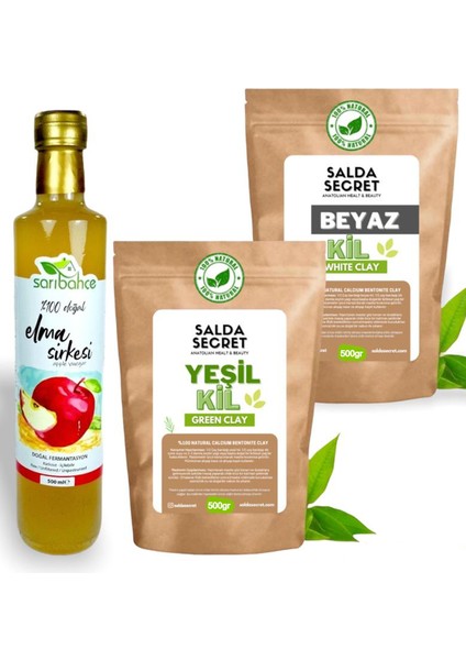 Yeşil Kil 500 gr + Beyaz Kil 500 gr Yüz Maskesi Toz - Sarıbahçe Elma Sirkesi 500ML