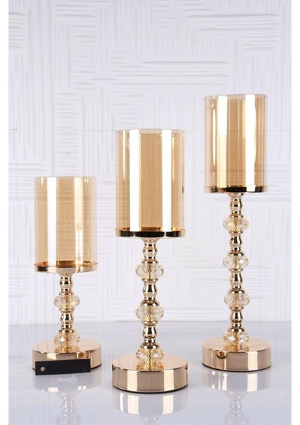 Kristal Taşlı Ayaklı Gold Şamdan 3'lü Set Şamdam3