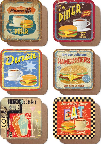 Route 66 Lokanta Kahve Hamburger Temalı Retro 6lı Ahşap Bardak Altlığı Seti