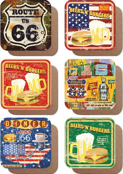 Hayat Poster Route 66 Lokanta Bira Hamburger Temalı Retro 6lı Ahşap Bardak Altlığı Seti