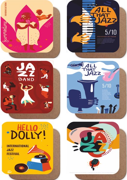 Jazz Konseri Temalı 6lı Retro Ahşap Bardak Altlığı Seti
