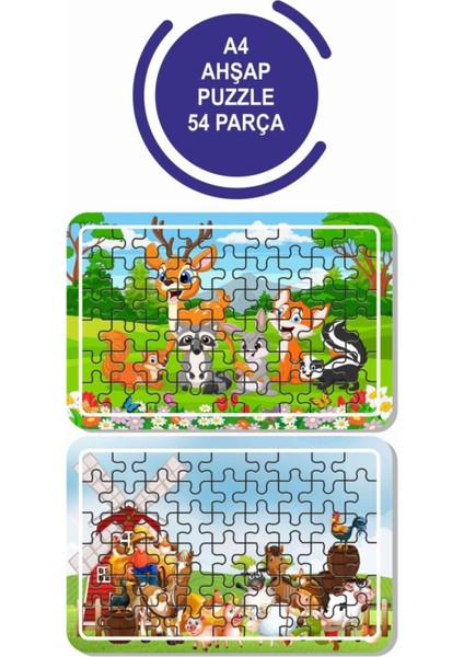 2'li Set 54 Parça Ahşap Puzzle Sevimli Hayvanlar ve Çiftçi Çocuklar Için