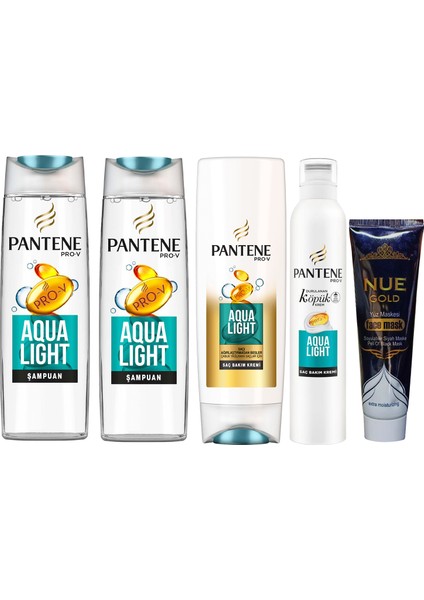 Aqua Light Şampuan 400 ml X2 + Pantene Aqua Light Saç Kremi 360ML + Aqua Light Köpük Krem 180ML + Nue Gold Maske Hediyeli