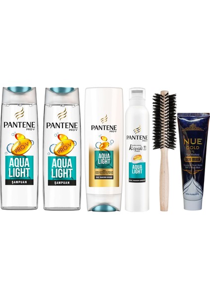 Aqua Light Şampuan 400 ml X2 + Pantene Aqua Light Saç Kremi 360ML + Aqua Light Köpük Krem 180ML + Nue Gold Maske ve Tarak Hediyeli