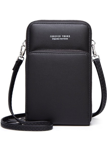 Kadın Solid Faux Deri Muti-Cep Crossbody Çanta-Siyah (Yurt Dışından)