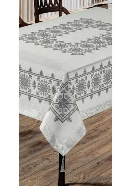 Alkan Homes Kanaviçe Kilim Desenli Masa Örtüsü -Silver - 160X220