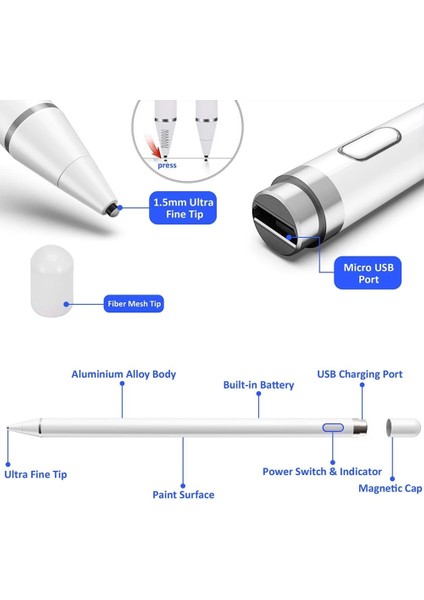 Kalem Şarj Edilebilir Stylus Kalem Beyaz (Yurt Dışından)