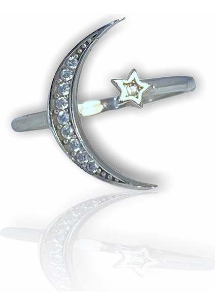 925 Ayar Gümüş Zirkon Taşlı Gümüş Ay Yıldız Yüzük