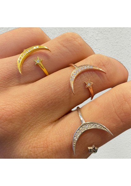 925 Ayar Gümüş Zirkon Taşlı Gümüş Ay Yıldız Yüzük indirimleri