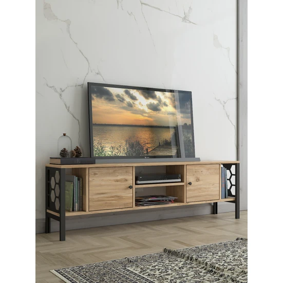 Wood'n Love Asena 160 cm Metal Ayaklı Tv Ünitesi  Atlantik Çam  Siyah