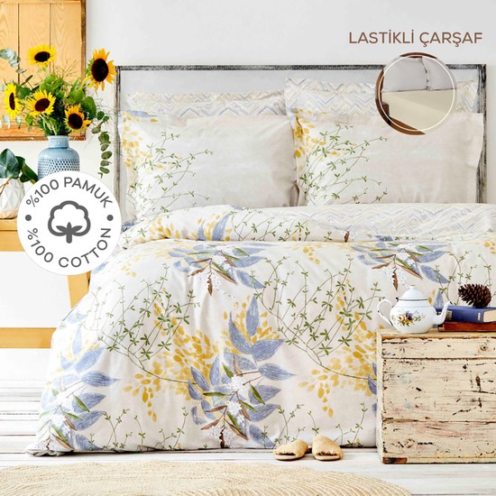 Karaca Home Clarinda %100 Pamuk Çift Kişilik Lastik Çarşaflı Nevresim Takımı Hardal