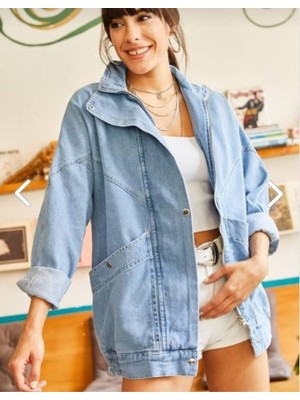 Esb Design Kadın Mavi Cepli Fermuarlu Çıtçıtlı Uzun Denim Ceket