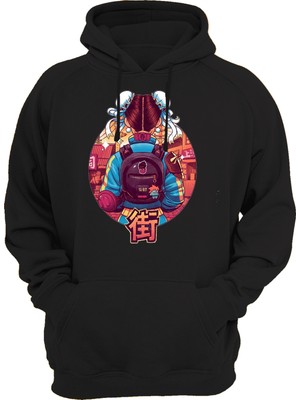 Remonz Street Fighter Chun-Li Baskılı 3 Ipl. Şardonlu 600 Gr. Siyah Kapüşonlu Sweatshirt