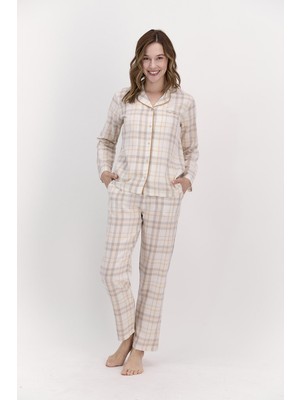 Pierre Cardin Ekoseli Kremmelanj Kadın Gömlek Pijama Takımı