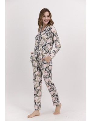 Pierre Cardin Yaprak Desenli Toz Pembe Kadın Gömlek Pijama Takımı
