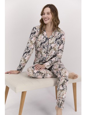 Pierre Cardin Yaprak Desenli Toz Pembe Kadın Gömlek Pijama Takımı