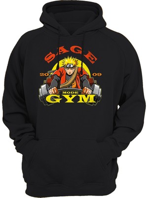 Remonz Naruto Gym Baskılı Siyah 3 Ipl. Şardonlu Kalın (600 Gr.) Içi Polar Kapüşonlu Sweatshirt Hoodie