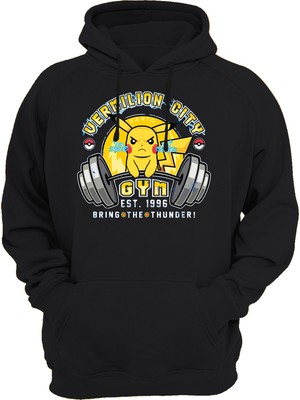 Remonz Pokemon Pikachu Gym Baskılı Siyah 3 Ipl. Şardonlu Kalın (600 Gr.) Içi Polar Kapüşonlu Sweatshirt Hoodie