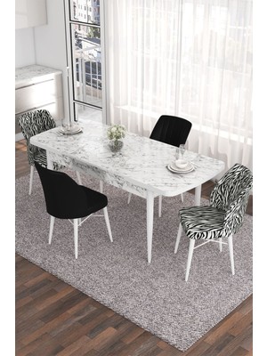 Canisa Concept Eva Serisi, 80X132  Açılabilir Mdf Mutfak Masa Takımı, Beyaz Mermer Desen Masa ve 4 Sandalye