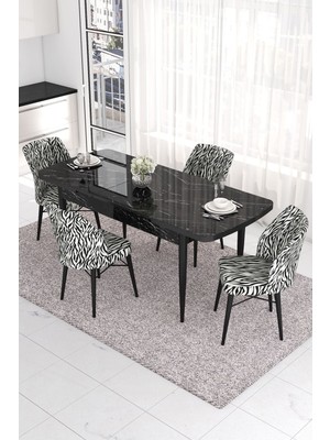 Canisa Concept Eva Serisi, 80X132  Açılabilir Mdf Mutfak Masa Takımı, Siyah Mermer Desen Masa , 4 Sandalye