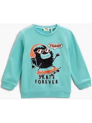 Koton Baskılı Uzun Kollu Sweatshirt Bisiklet Yaka