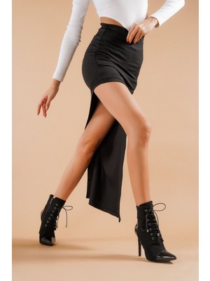 Moda Radikal Carla Siyah Süet Siyah Rugan Topuklu Kadın Bot