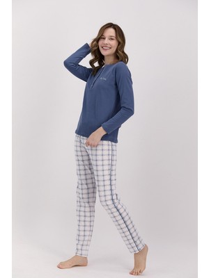 Pierre Cardin Ekoseli Indigo Kadın Uzun Kol Pijama Takımı