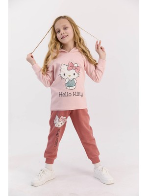 Hello Kitty Lisanslı Kız Çocuk Pudra Kapüşonlu Eşofman Takımı %100 Pamuklu Rahat Tasarım