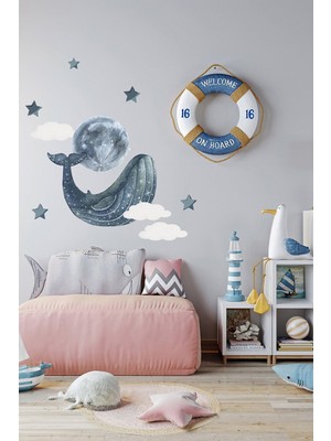 Kt Grup Balina Dolunay Bulutlar ve Yıldızlar El Çizimi Duvar Sticker
