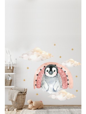 Kt Grup Sevimli Penguen Gökkuşağı Bulutlar ve Yıldızlar Çocuk Odası Duvar Sticker Seti