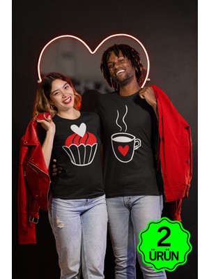 Maymuun Design Sevgililer Günü Kek ve Kahve Temalı Baskılı Siyah Tişört Kombini - 2 Adet