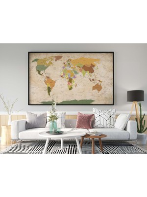 idora Vintage Dünya Haritası Kanvas Tablo 100 x 200 cm Çerçevesiz Kanvas Malzeme ile Dekoratif