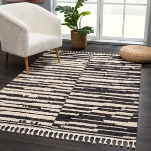 Giza Home Mistik Siyah-Krem Peluş Bukleli Salon ve Oturma Odası Halısı F287S-YM52 80x300