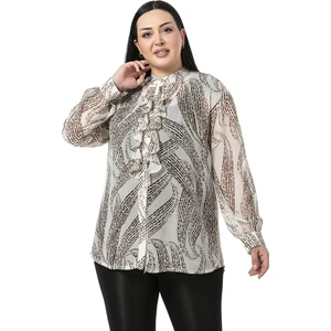 Disentis Modest Büyük Beden Yakası Volanlı Manşetli Şifon Bej Rengi Gömlek