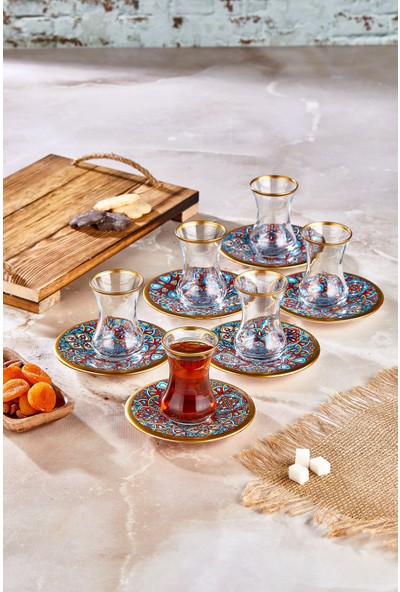 Özel Tasarım 12 Parça Çini Desenli Çay Bardağı Seti
